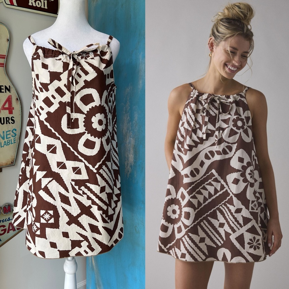 BDG Brown Eva Tie-Front Ruched Strap Trapeze Mini Dress Boho Beachy Vacation